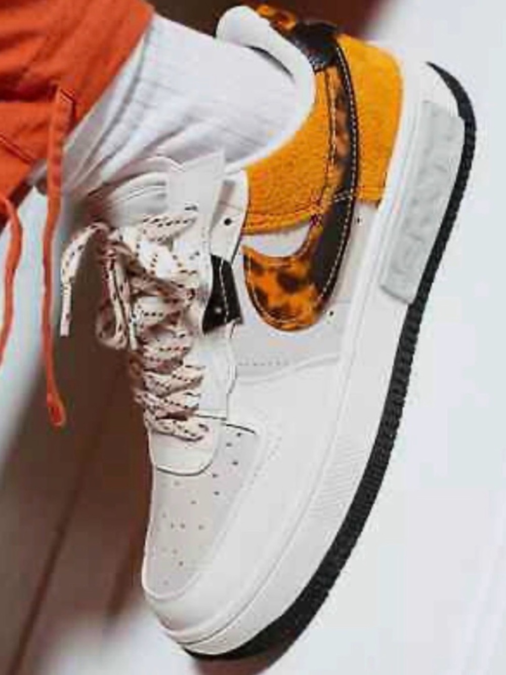 Nike Women’s White Sneakers with Yellow & Tortoiseshell Swoosh